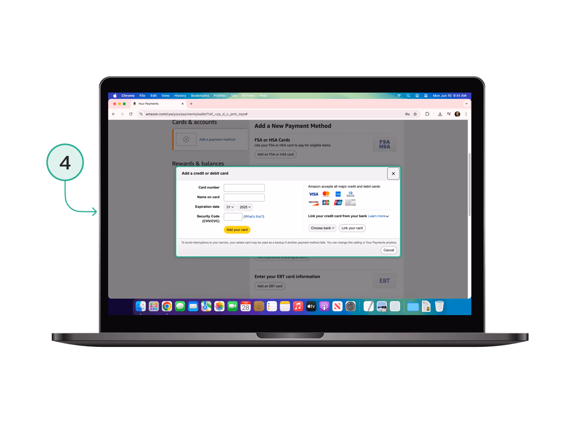 Confirm Amazon card payment method for crypto payments — step 3