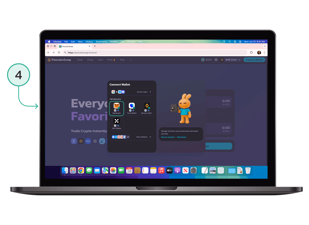 PancakeSwap: выбор MetaMask для подключения кошелька