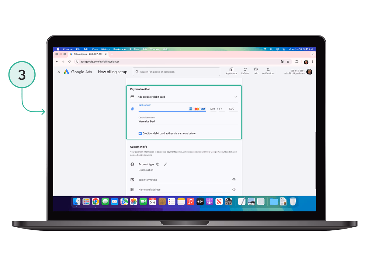 Add a crypto debit card to Google Ads: enter card number and expiry date